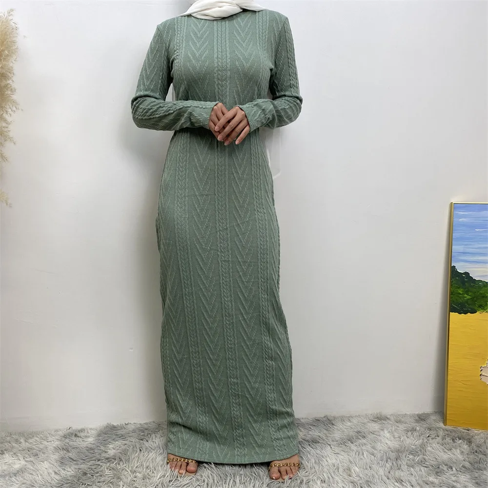 Vestido de lã Dubai com manga sólida e base longa para mulheres 6435-1