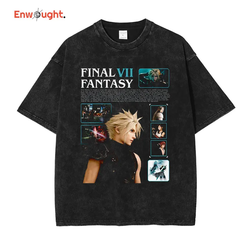 Cloud Strife T Shirt Hip Hop PC Game Final Fantasy Vii Vintage Washed Tops Tees Oversized Short Sleeve T-shirt  Man 100% Cotton