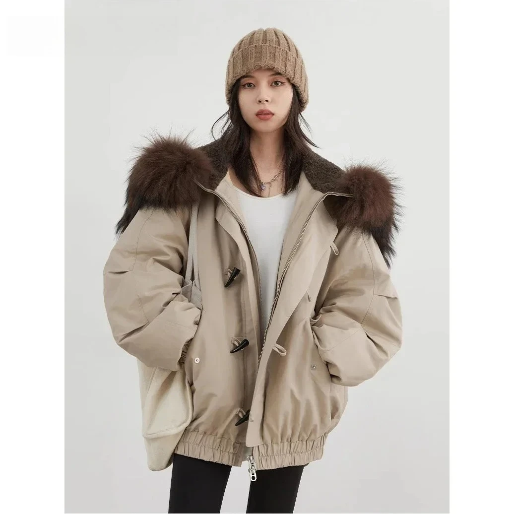 

Women Down Coats Loose Casual Hooded Female Down Jacket Horn Button 90 White Duck Down Jacket Winter 2025