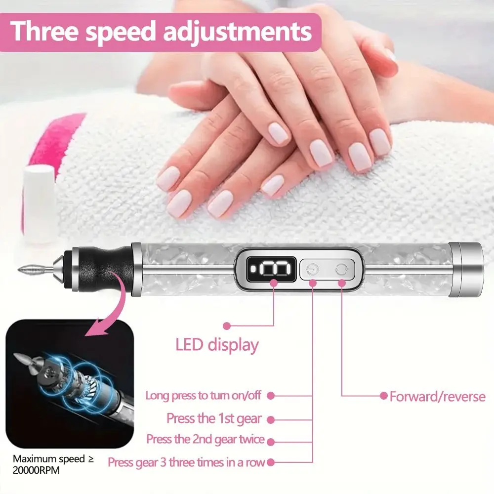

Low Noise Electric Nail Drill Multiple Gears 4 Gears Adjustable Nails Sander File Set Rechargeable Electric Nail Grinder