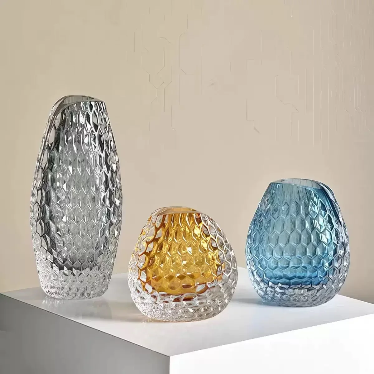 Geometric Transparent Glass Vase Herringbone Pattern Flower Vase Hydroponics Terrarium Flower Vases Flowerpot Home Decoration