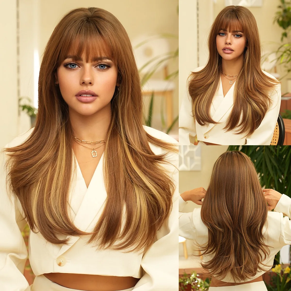 

Women's Synthetic Wigs Long Highlighted Blonde Wavy Wigs with Bangs Ombre Hair Heat Resistant Wigs Everyday Cosplay Fiber Wig