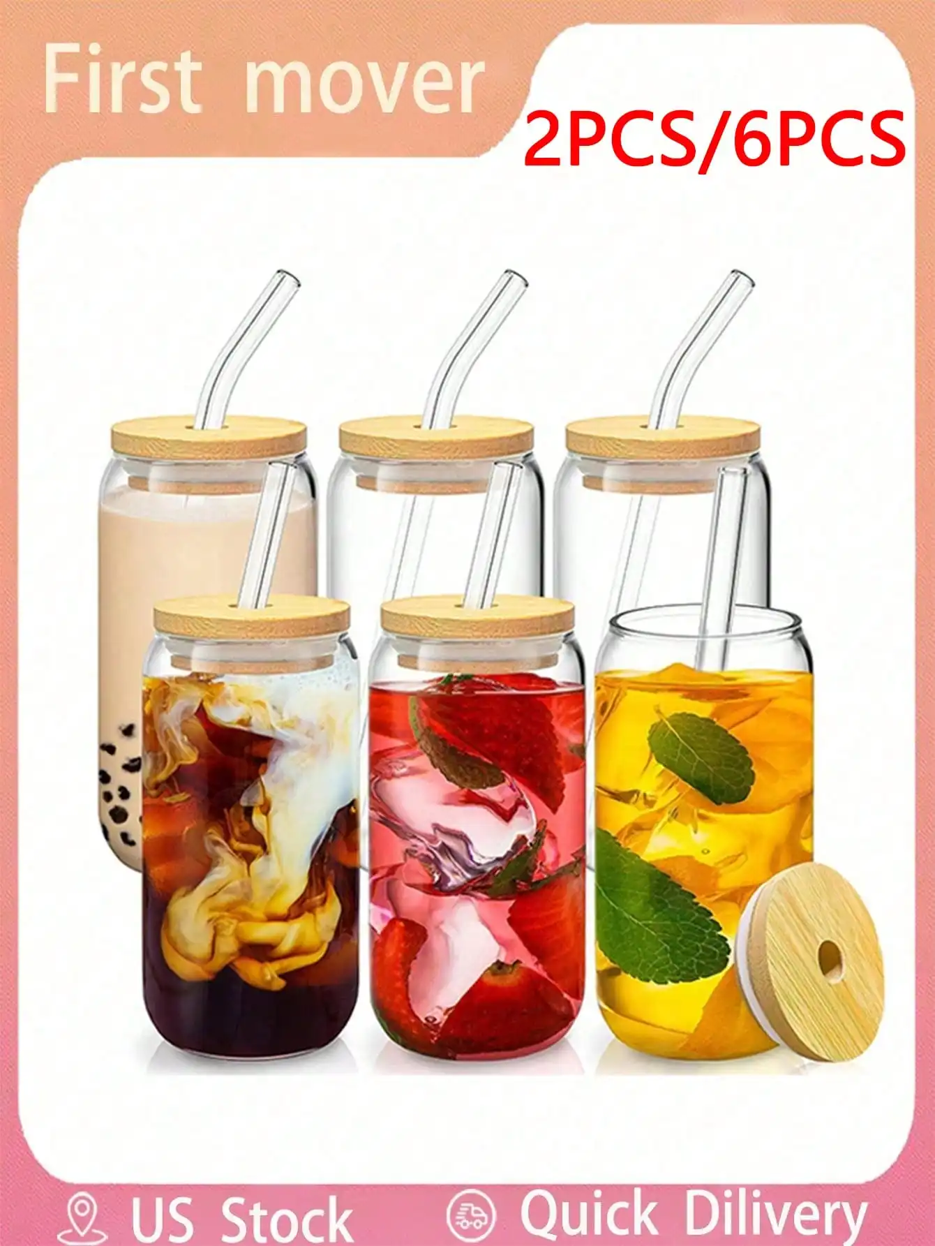 

2/6Pcs 500ml Glass Mason Cups - Bamboo Lids, Straws & Cleaner for Home/Restaurant