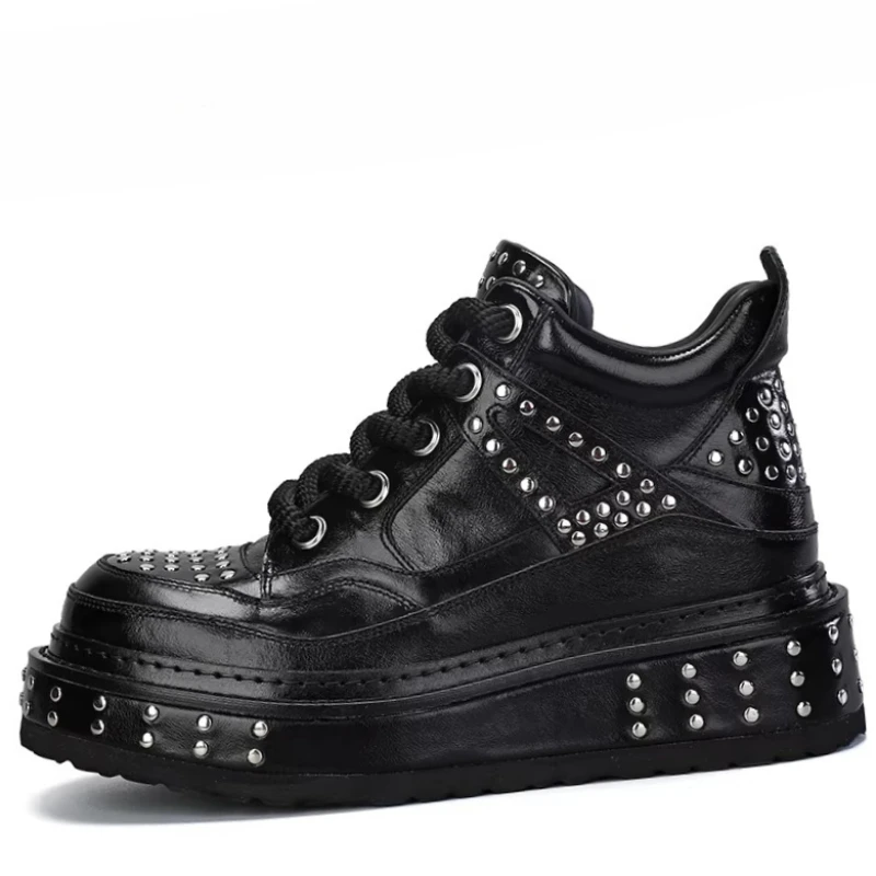 Riveted Horse Leather Shoes for Men's Thick Soled Height Increasing Shoes Hand Sewn Horsehide Casual Trendy High-top Board Shoes