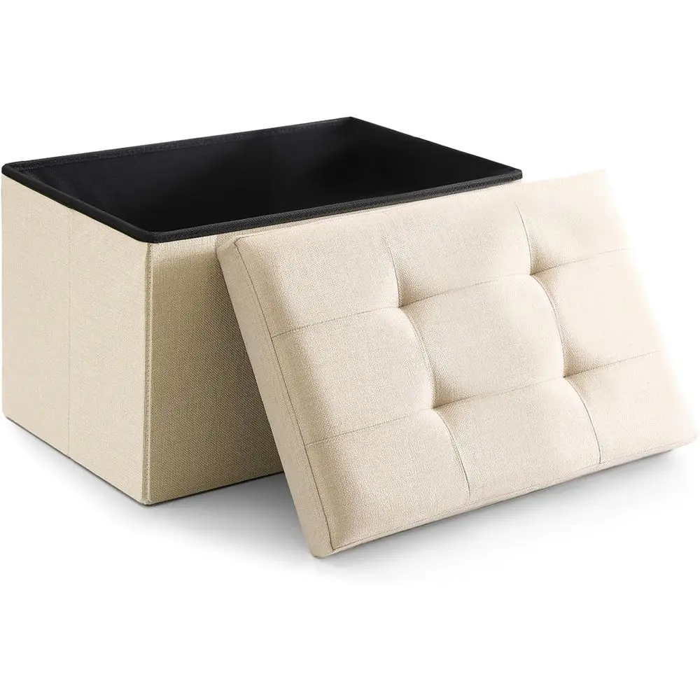 Linen-Covered Square Ottoman Cube, Small Footrest and Seat, Beige