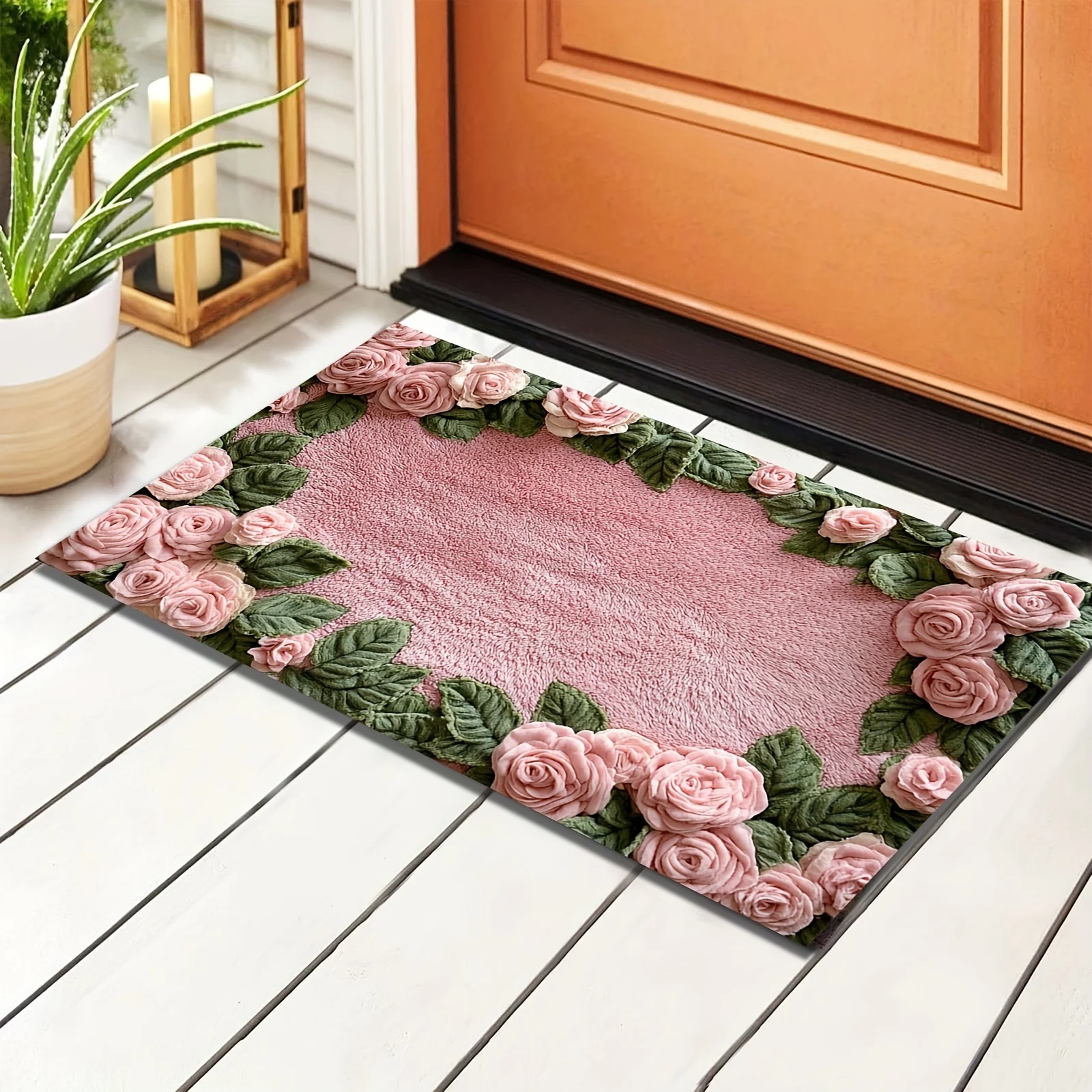 Imitation Cashmere Pink Rose Pattern Anti Slip Bath Mat, Ultra-Fine Fiber Machine Washable, Low Fleece Blanket, TPR Backing,