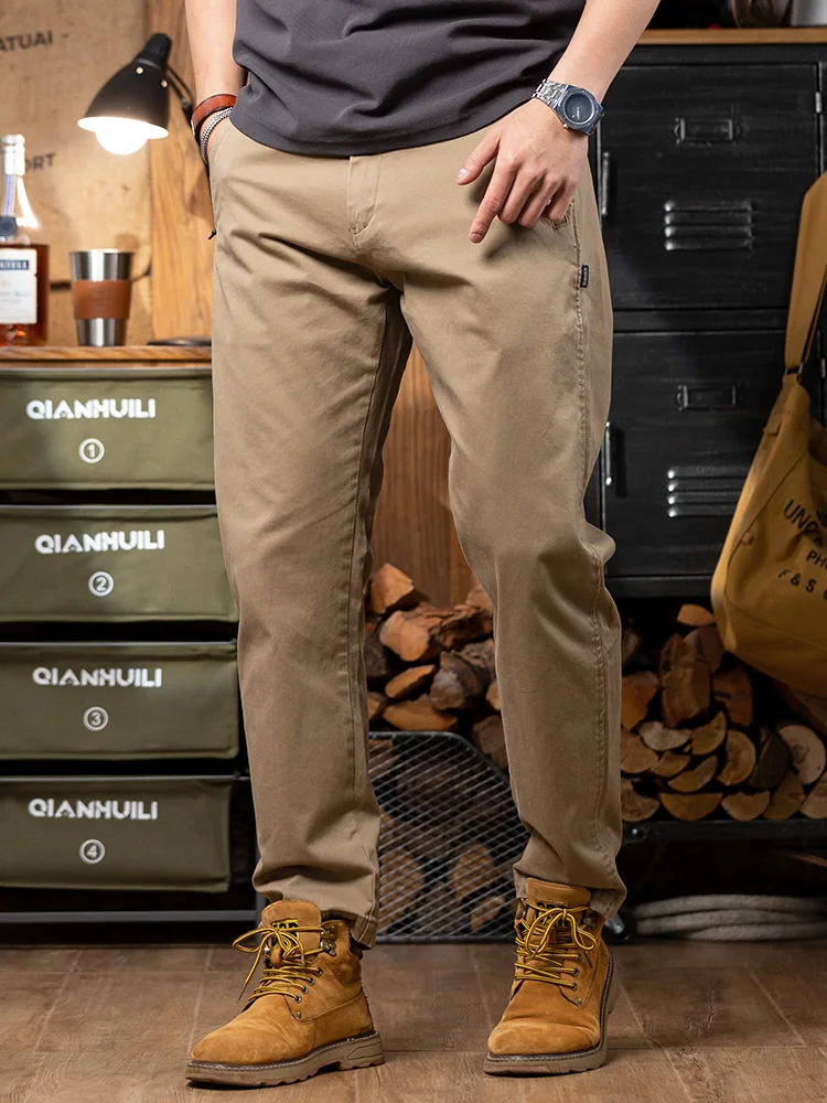 

Khaki Straight Leg Casual Pants Men's Zipper ket Slightly Elastic Long Trousers American Retro Summer Workwear Trousers