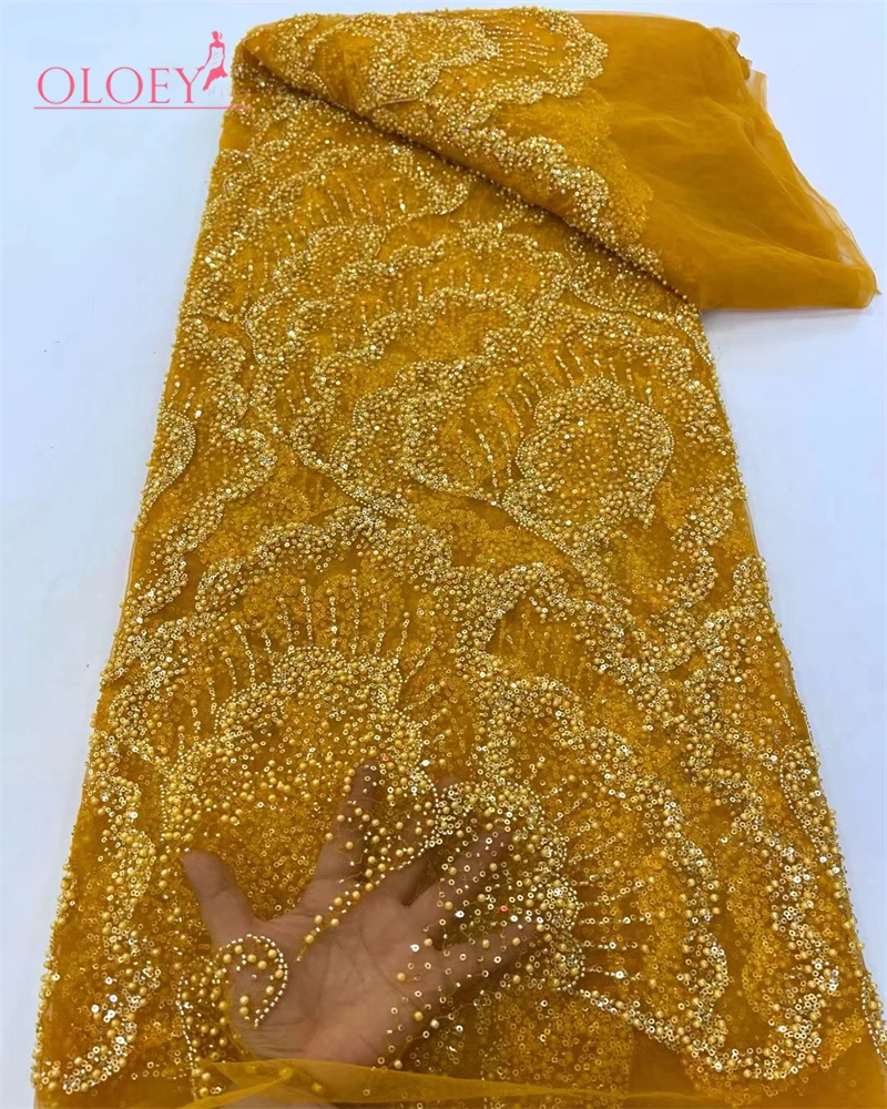 

OLOEYLatest Hot Sale Fashion Africa Lace Fabric High Quality Handmade Embroidery Lace With Beads Sequins Party For Wedding Dress