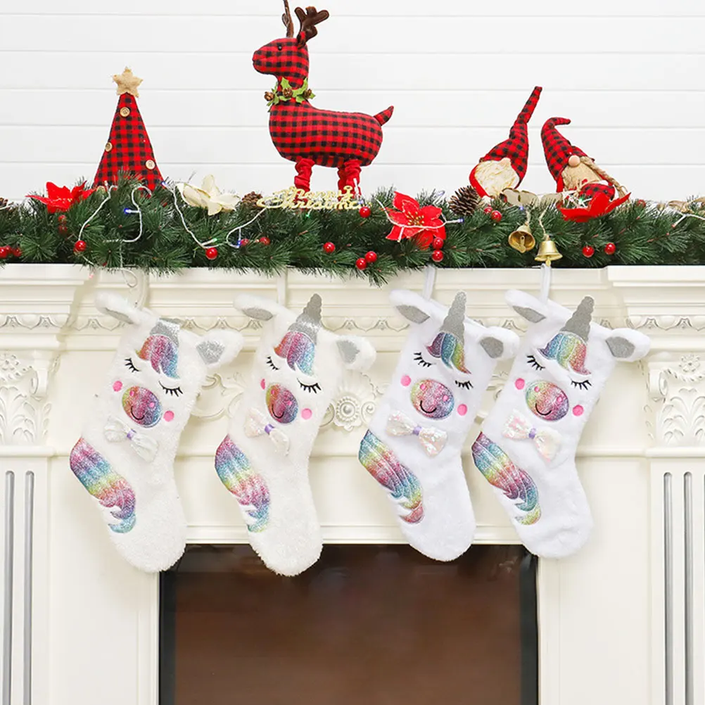

Christmas Stocking Unicorn Socks Holder Gift Sacks Hanging Decor LED Light Name Tag Large Capacity Kids Presents Christmas