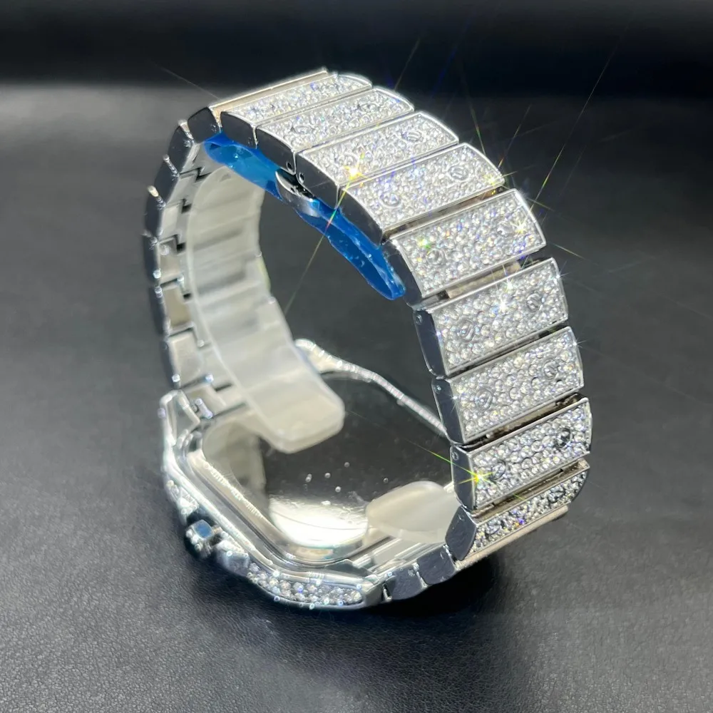 MISSFOX Iced Out Men Watch Square Face Diamond Pink Blue Number Quartz Luxury WristWatch Roman Clock Relogio Masculino Hot Sale