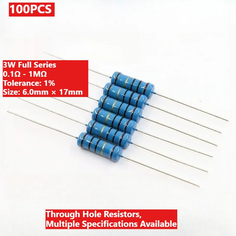 100個-3w-1-金属皮膜抵抗器キット-5バンドカラーコード-1r-1m-オーム鉄ピン