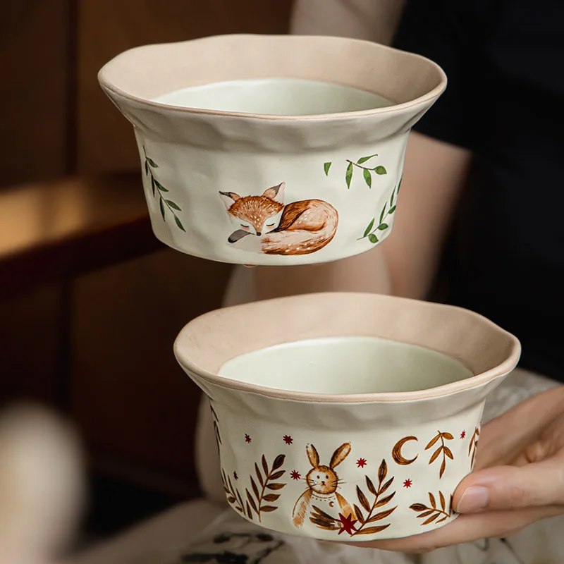 

Middle Ancient Straw Hat Bowl High Aesthetic,Little Fox Ceramic Salad Bowl,Oat Yogurt Tableware,Personal Breakfast Utensils