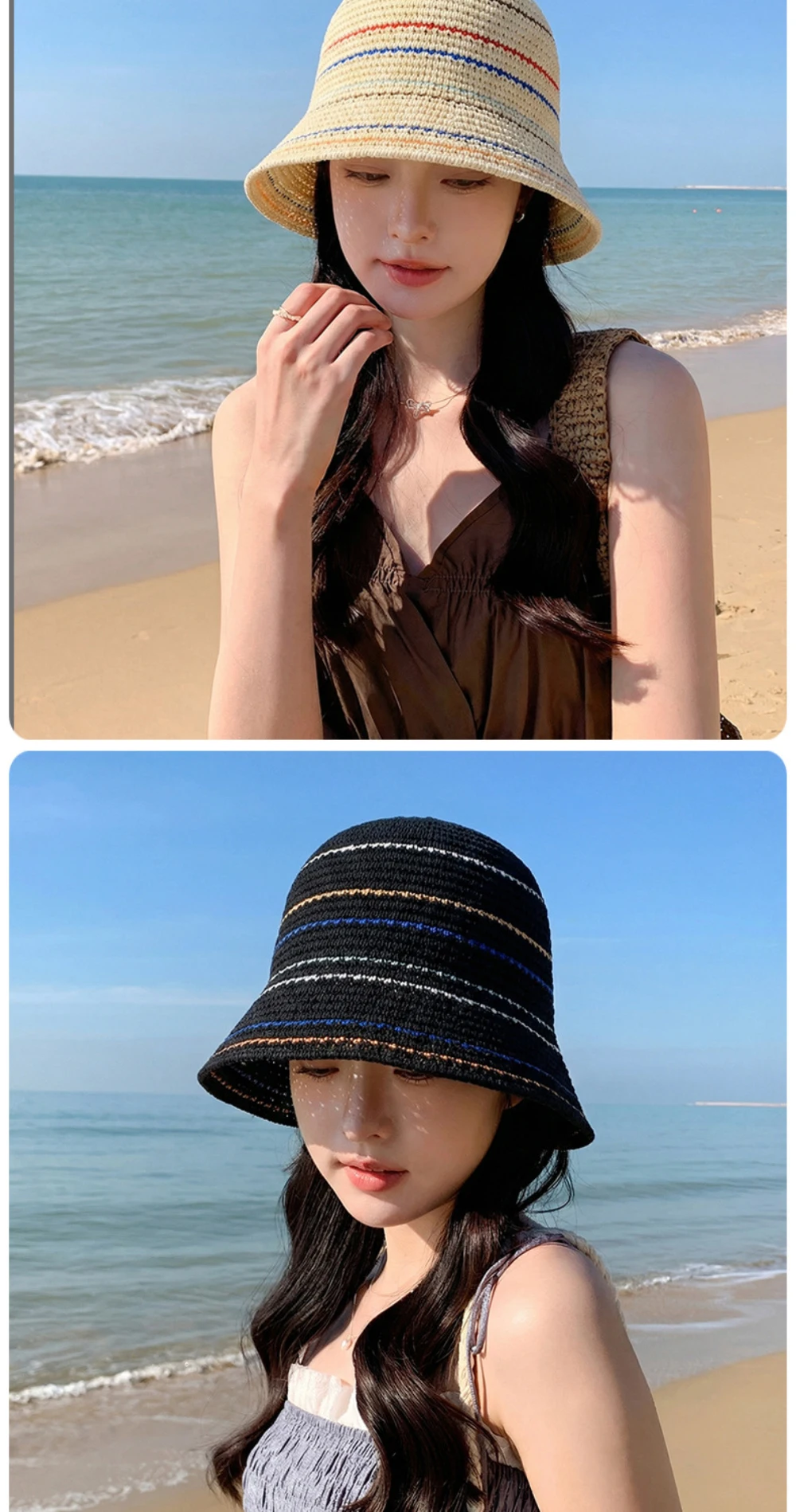 HT5080 Neuer Frühling-Sommer Sonnenhut für Damen, Atmungsaktiver Gehäkelter Strohhut, Breitkrempiger Strandhut, Faltbarer Strick-Bucket-Hat – Detail 10