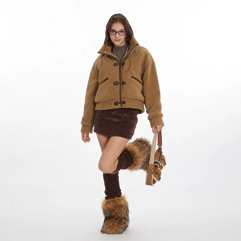 Col montant fausse fourrure veste simple boutonnage blanc manteau en peluche Faux agneau chaud épais Patchwork fourrure vestes moelleux ample élégant