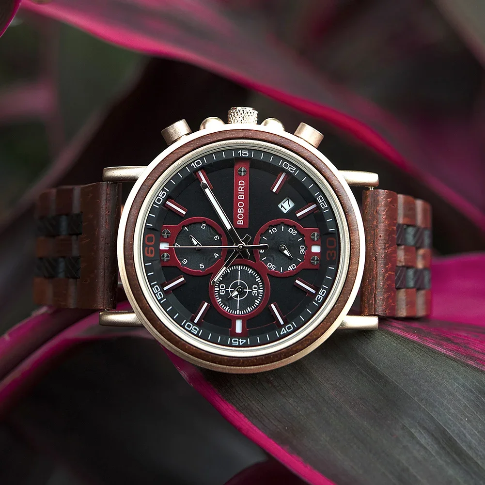 Customize Logo Name Men Wood Watches BOBO BIRD Fashion Calendar Stopwatch Personalized Quartz Wristwatches Gift Dropshipping