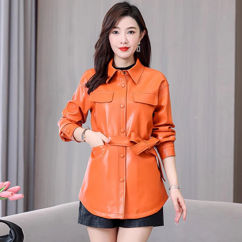 New Women Shirt Style Leather Jacket Spring Autumn Fashion Casual Turn-down Collar Lace-up Slim Leather Coat Split Leather