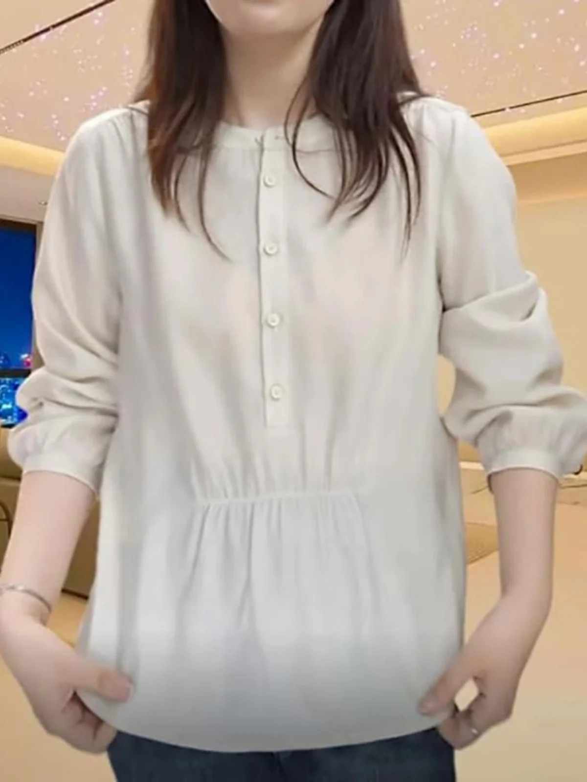 

Женская весенняя приталенная блузка больших размеров с круглым вырезом и длинным рукавом в корейском стиле для офиса и повседневной носки