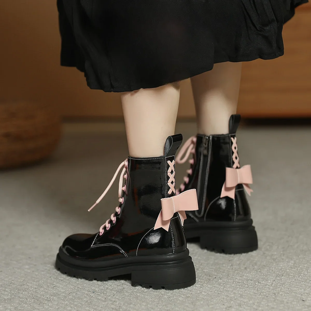 Niche sweet cool Doc Martens Fall/winter bow ankle boots heightening platform motorcycle boots for women