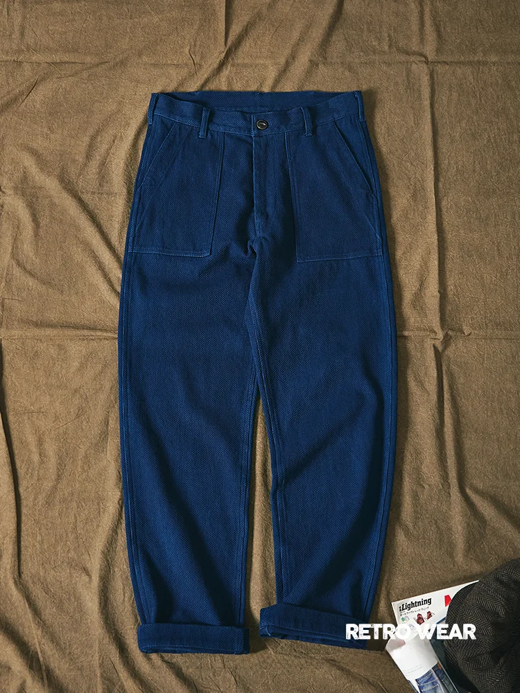 Retro Military Blue Dye Long Pants Heavyweight Indigo RL Men's Washed Work Trousers Straight Leg Cotton Casual Pants