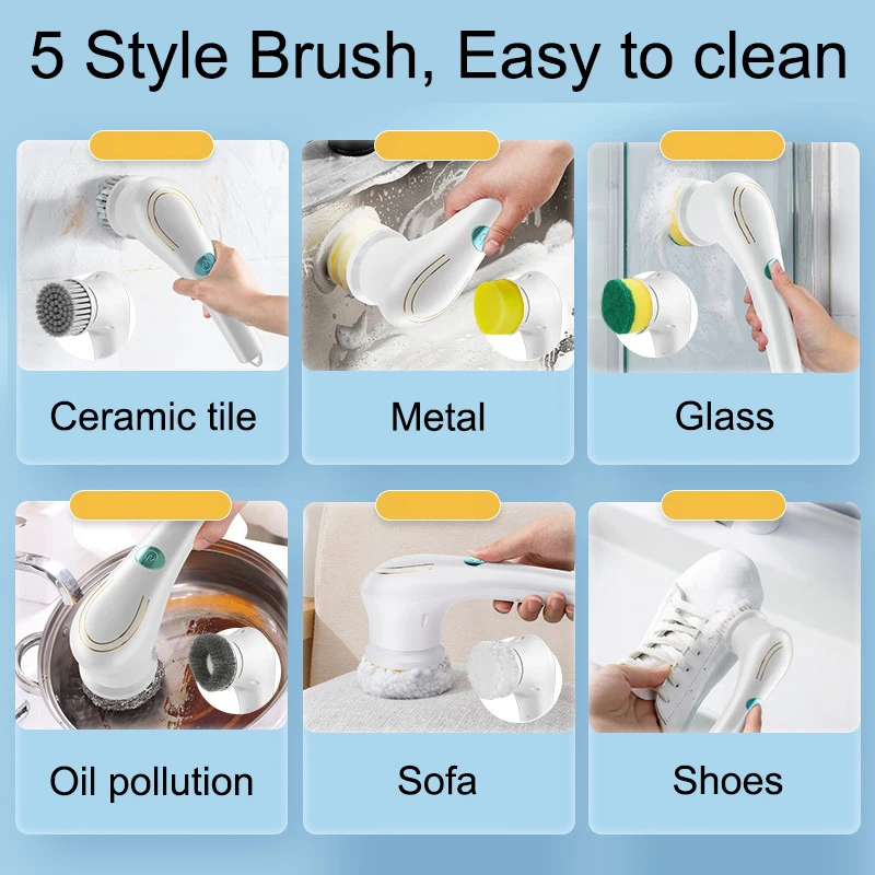 Electric Cleaning Brush 5-in-1 Multi-functional USB Charging Bathroom Wash Tool Kitchen Clean Accessories Easily Dishwashing