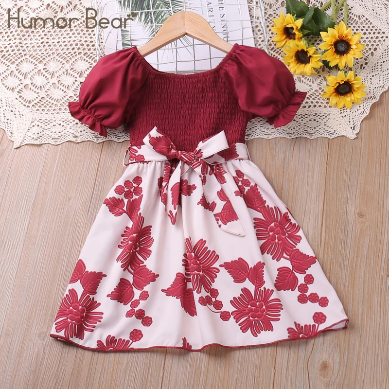 Humor Bear Girls Dress New Summer Puff- Sleeve Floral Printed  Princess Dress Toddler Children Clothes