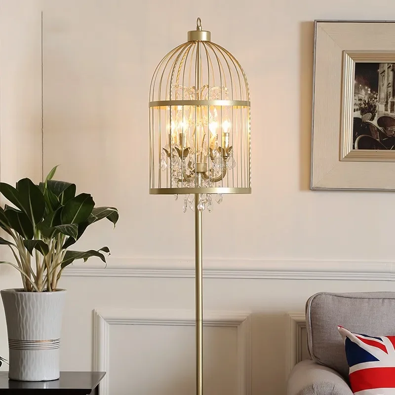 مصباح أرضي كريستالي على شكل قفص طائر ذهبي على الموضة الأوروبية مصباح أرضي أمريكي إبداعي لغرفة المعيشة وغرفة الطعام وغرفة النوم #5
