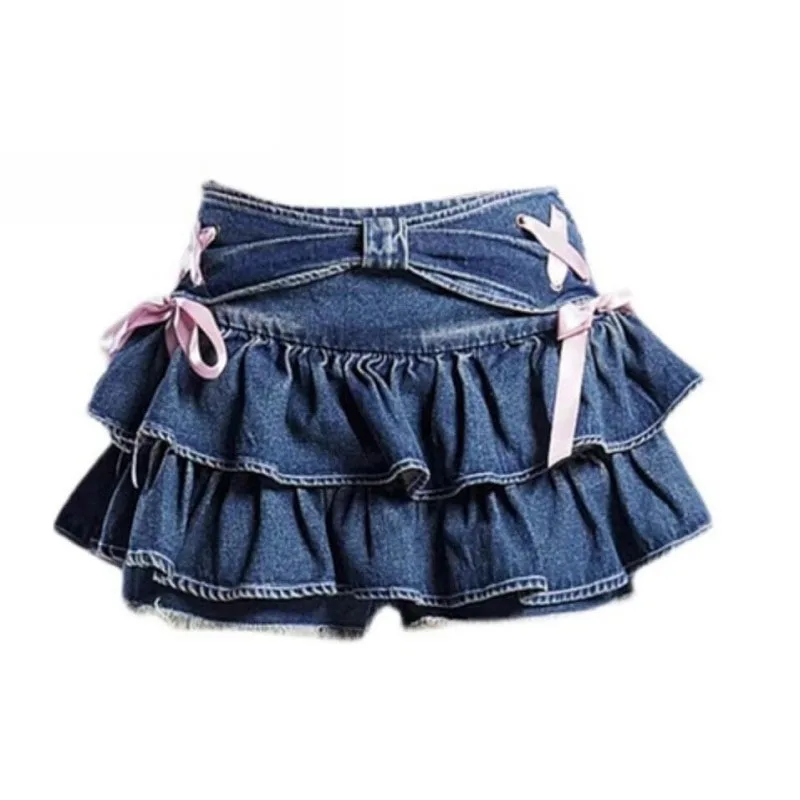 

New Blue Denim Pleated Skirt Y2K Aesthetic Sweet Pink Bow Lace Up Ruffles Cake Mini Skirts Harajuku Women Kawaii Short Skirt 90s