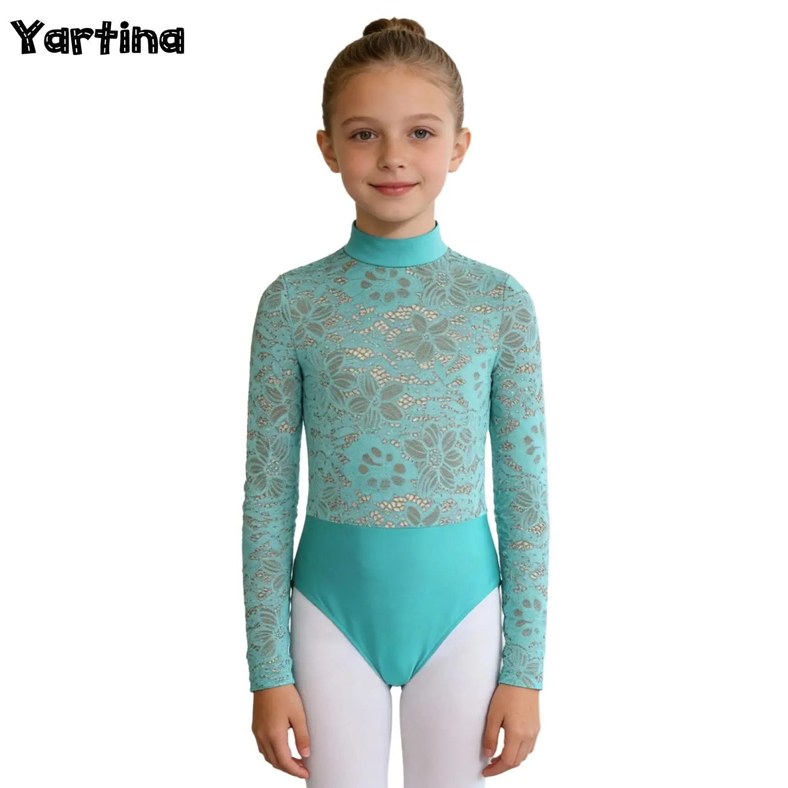 

Детский гимнастический балетный трико для девочек, танцевальный костюм с длинными рукавами и невидимой молнией сзади, кружевной лиф, боди, танцевальная одежда