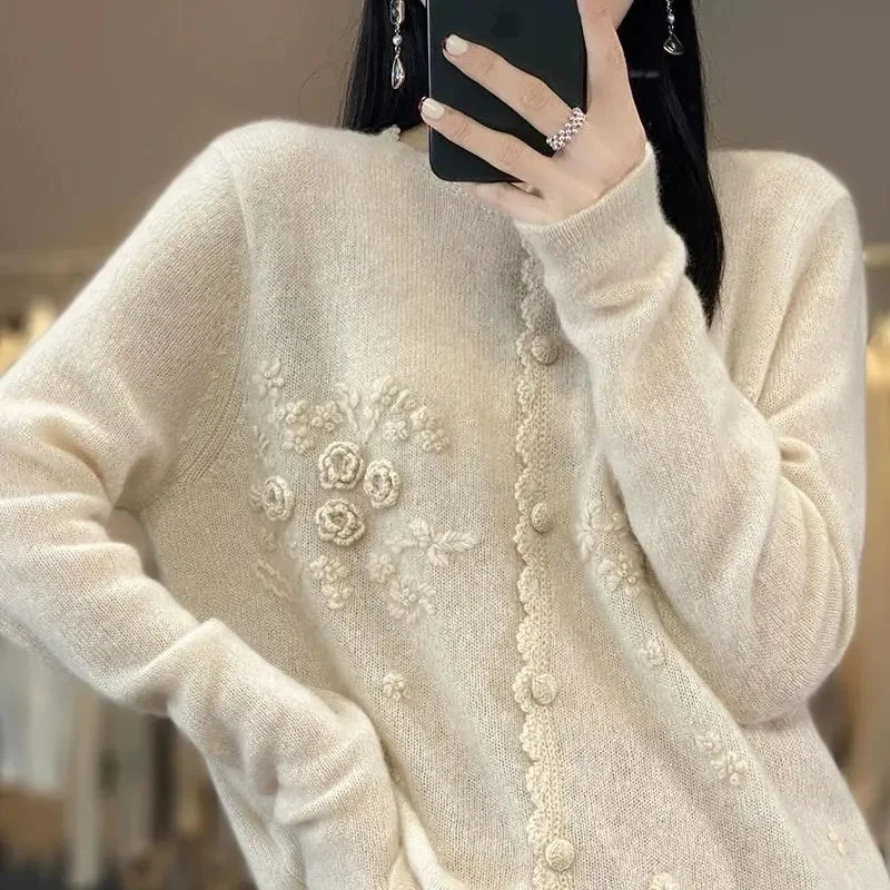 2023 New Fashion Simple Versatile Cardigan Women's Round Neck Knitted Outerwear Single breasted Handmade Rose Trendy Thin Coat