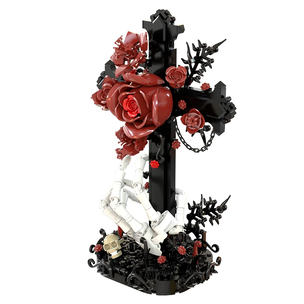 MOC Red Oath Rose Cross Bricks Gothic Red Oath Rose Skeleton Cross Building Blocks Model Assembly Toys Kids DIY Birthday Gifts