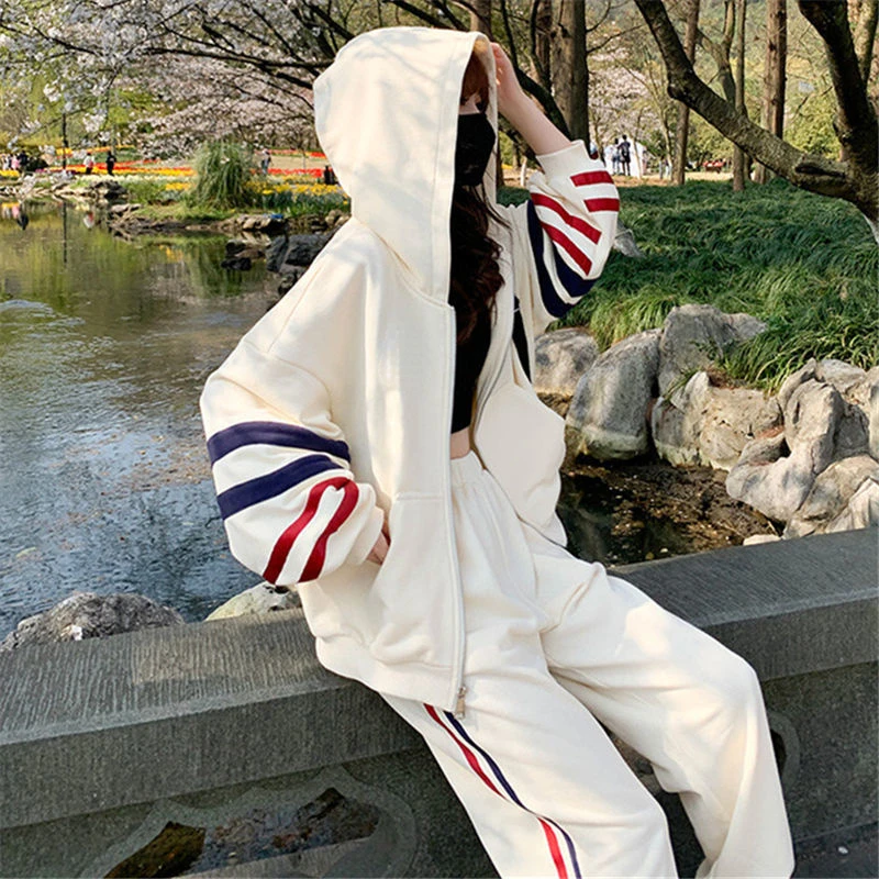 Hoodies with Zipper Hooded Tops Pants 2 Piece Set Full Zip Up Y2k Vintage Sport Female Clothes Aesthetic E Sweatshirts for Women