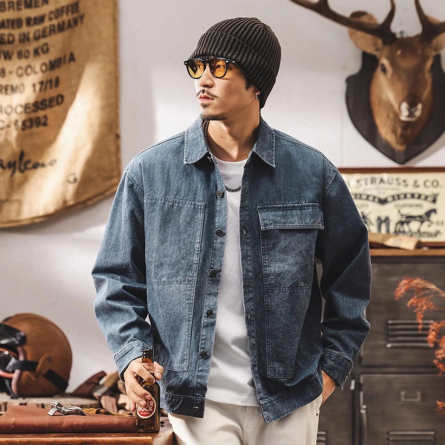 

Men's Spring and Autumn new trendy brand retro denim jacket washed and aged work jacket