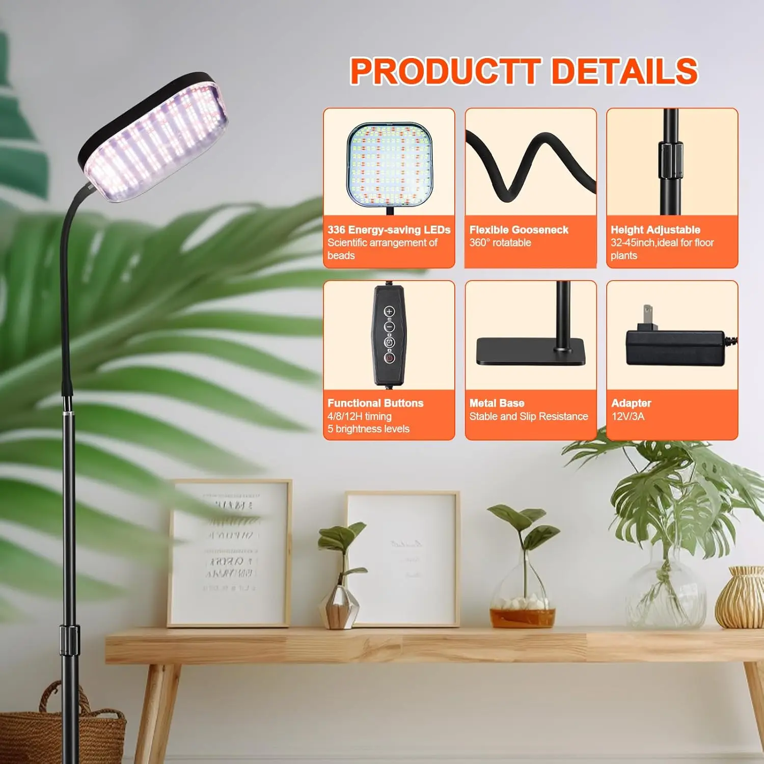 Grow Lights for Indoor Plants with Stand Full Spectrum 4/8/12H Auto Timer 336 LEDs Floor Plant Growing Lamp Height Adjustable