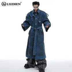 LUZHEN Denim Uomo Trench lungo Doppio strato Designer Originale Indurito Personalizzato Trendy Streetwear Giacca a vento maschile LZ5251