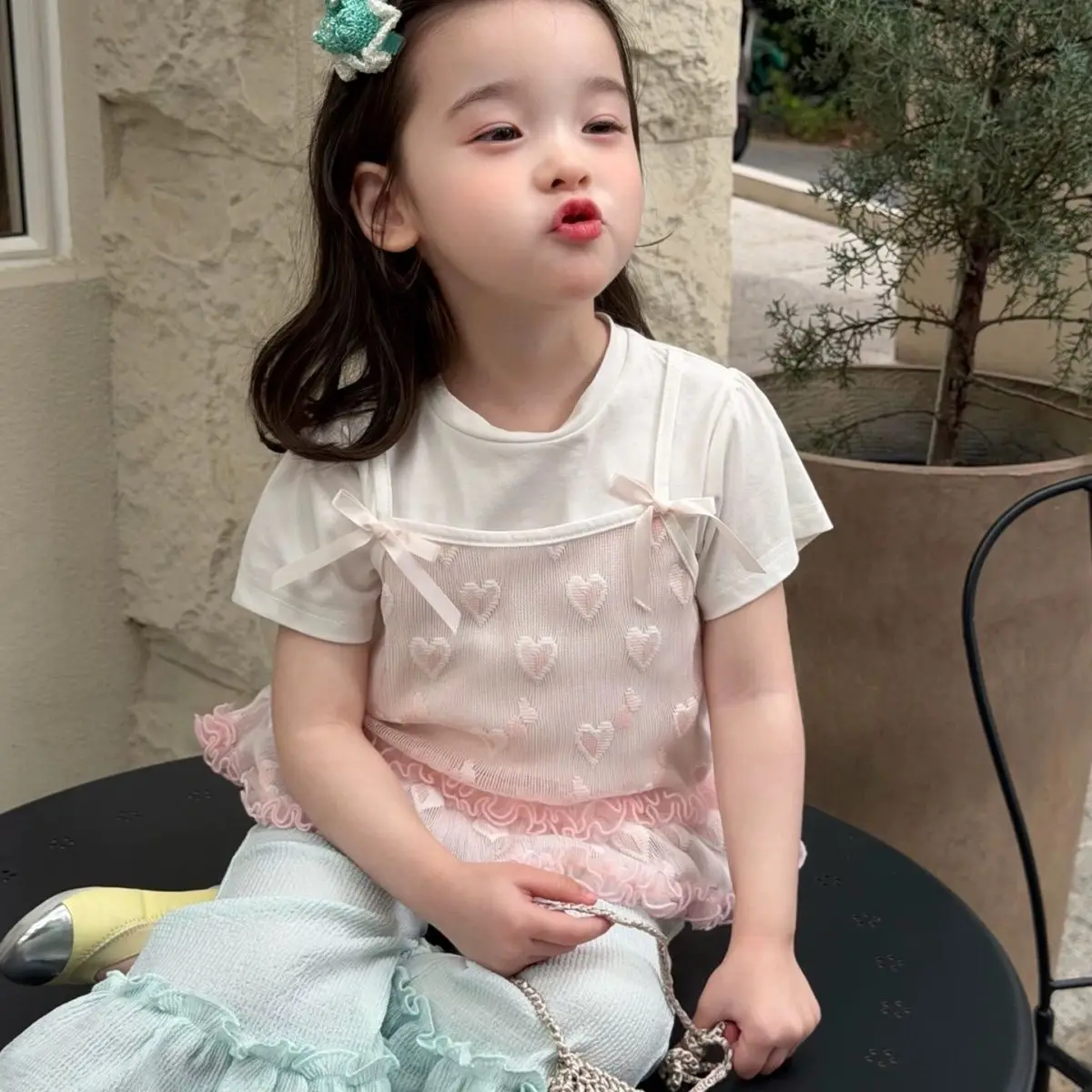 Girls' Summer New Style 2026 Super Cute Sweet Wind Fake Two piece Top Small Fresh Pants Set