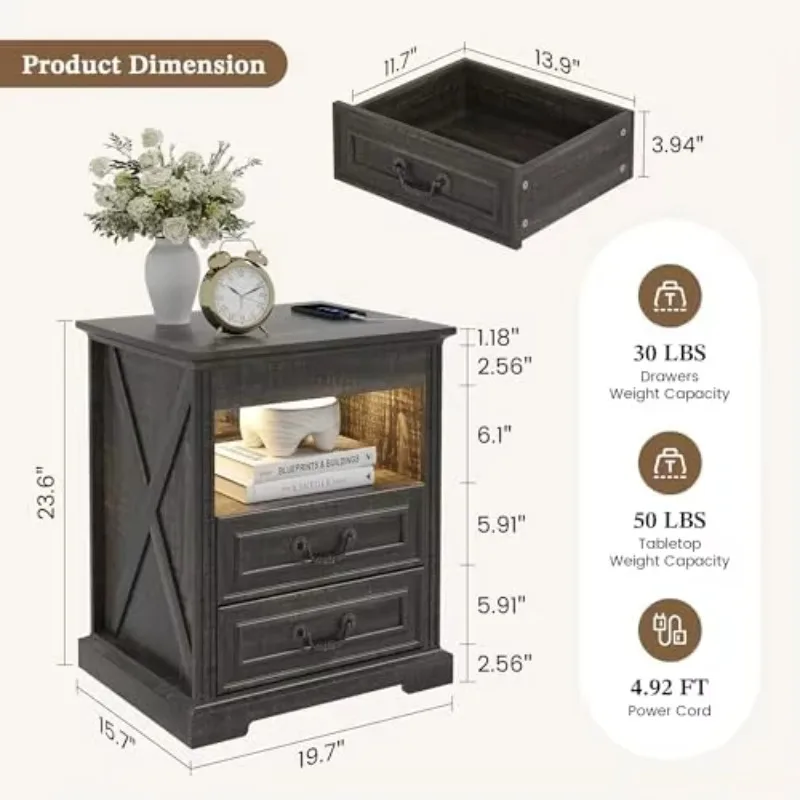Farmhouse Nightstand with Gun Drawer, LED Light & Charging Station | 3-Color LED Light with Human Motion Sensor, Hidden