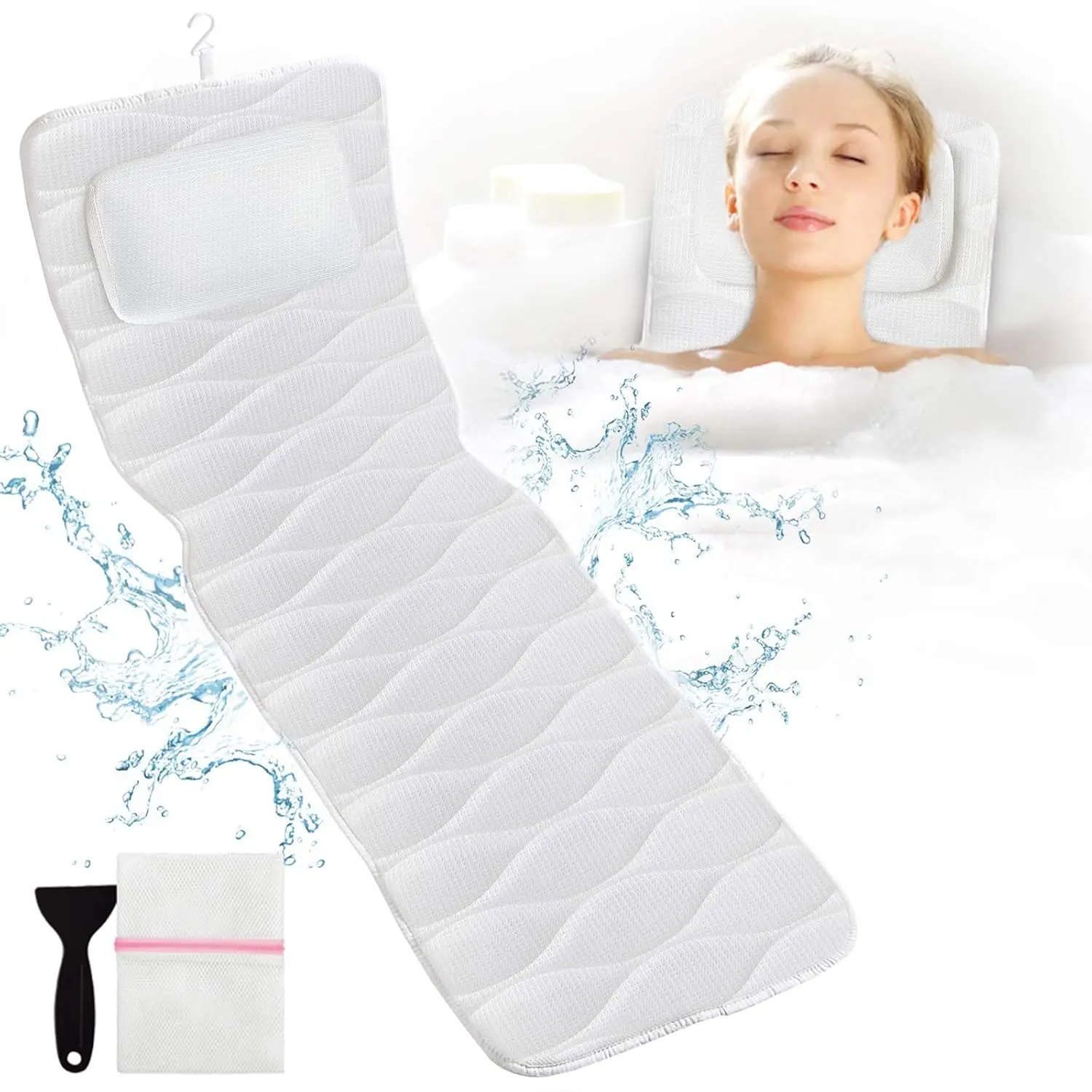 

Full Body Bath Pillow for Tub with 21 Non-Slip Suction Cups, 5D Air Mesh Head Neck Shoulder Back Support for Spa Bathtub