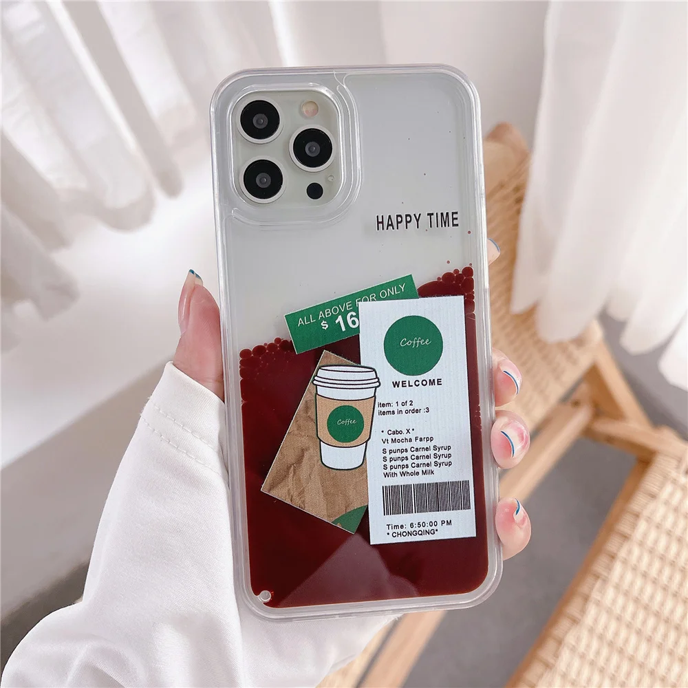 Fashion quicksand coffee milk tea Label Phone Case For iphone 16 14 13Pro Max 12 11 XS 7 8 Plus shockproof full protection Coque