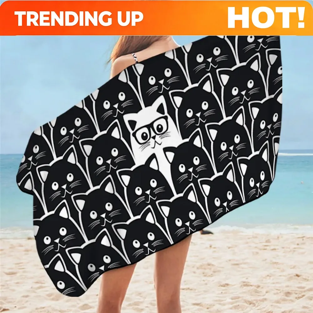 Customize BeddingOutlet Cartoon Cat Towel Bathroom for Kids Cute Animal Beach Towel Black White Microfiber Blanket Watercolor Pe