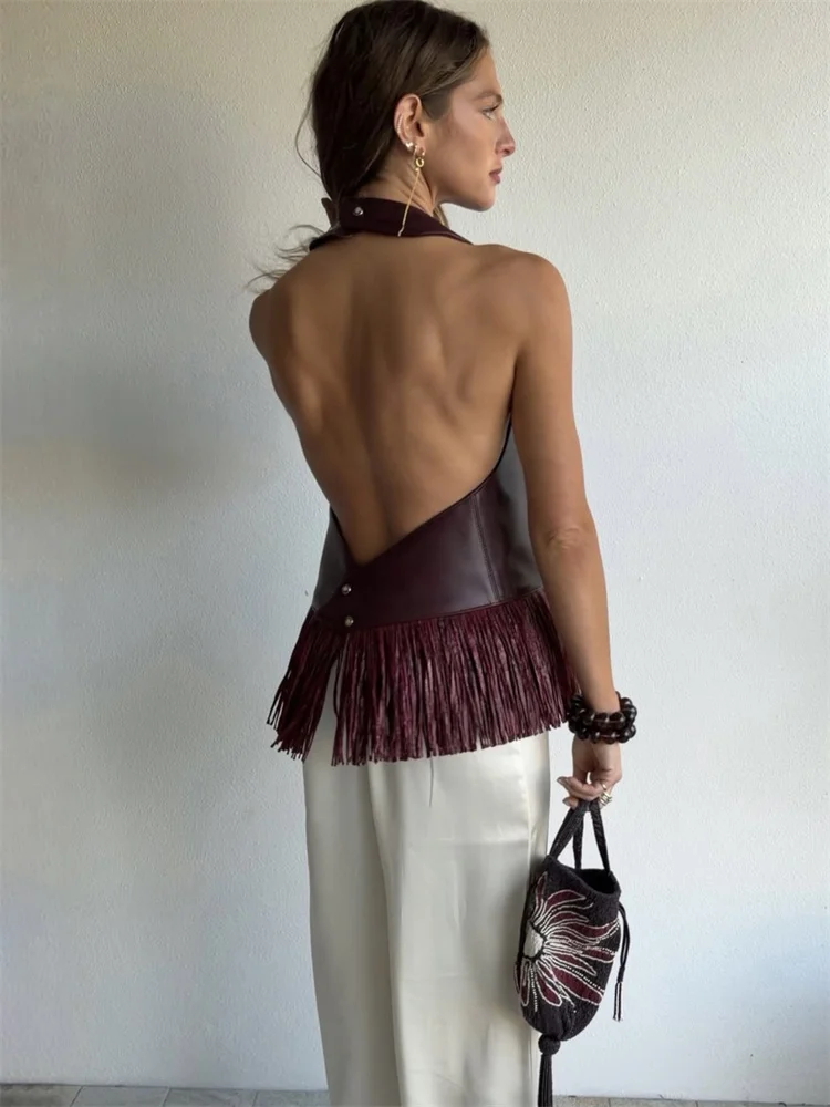 Women's Backless PU Leather Tank Top with Tassel Detail