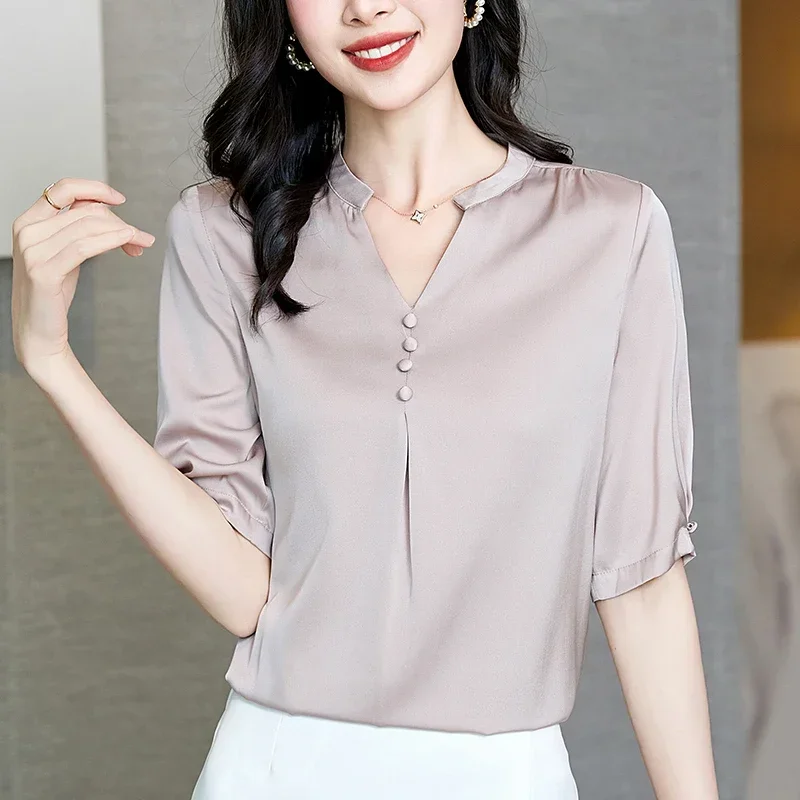 Fashion Woman Blouse 2024 Summer V-neck Half Sleeve Elegant Shirts And Blouses Women Solid Tops Loose Real Silk Woman Shirt