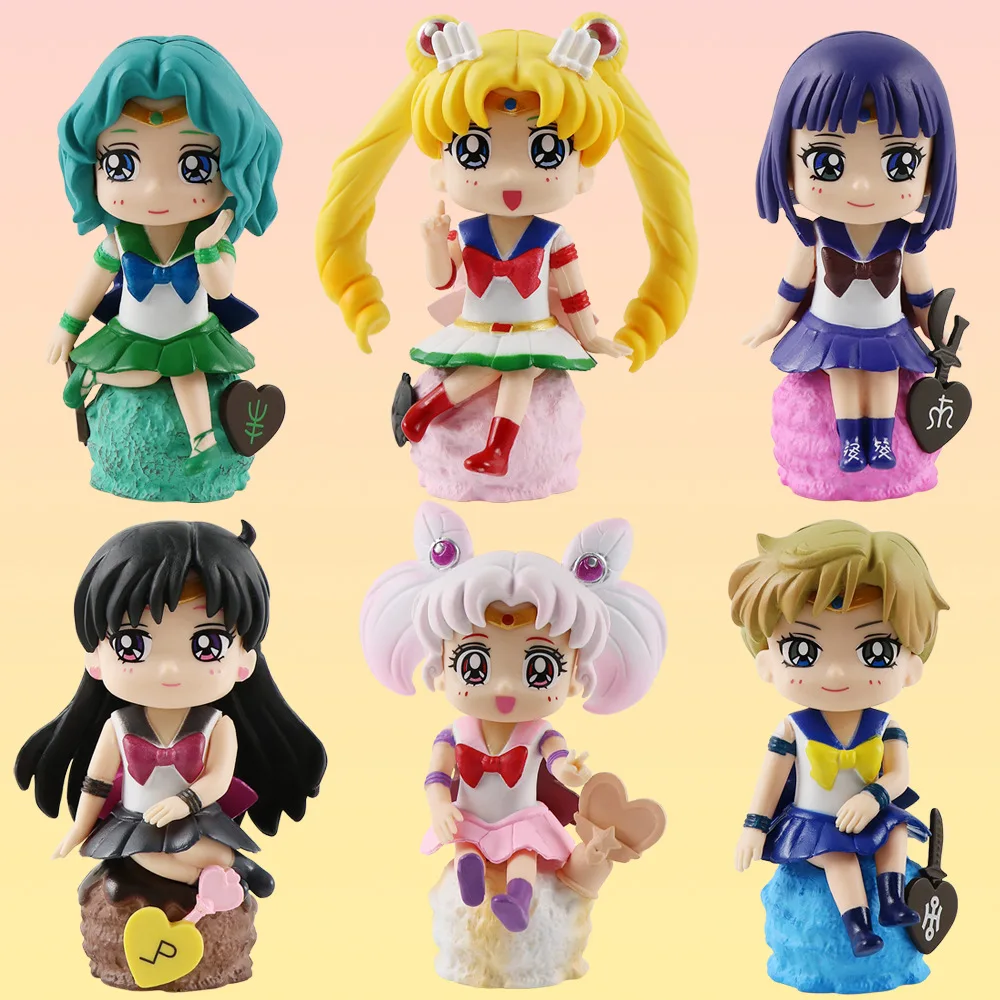 6Pcs/Set Sailor Moon Cute Q Version Action Figures Tsukino Usagi Tuxedo Mask Sailor Venus Mercury Mars Jupiter PVC Model Toys