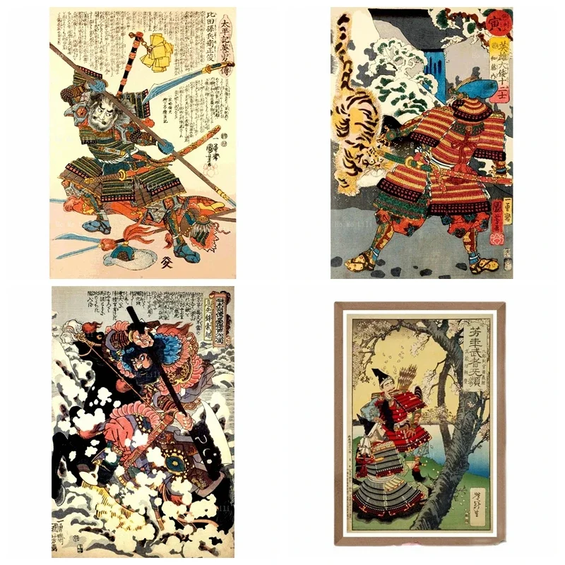 Arte Samurai Japonesa Vintage, Tigre de Luta Ukiyo-e Antigo com Katana, Tela de Parede, Sala e Decoração do Quarto