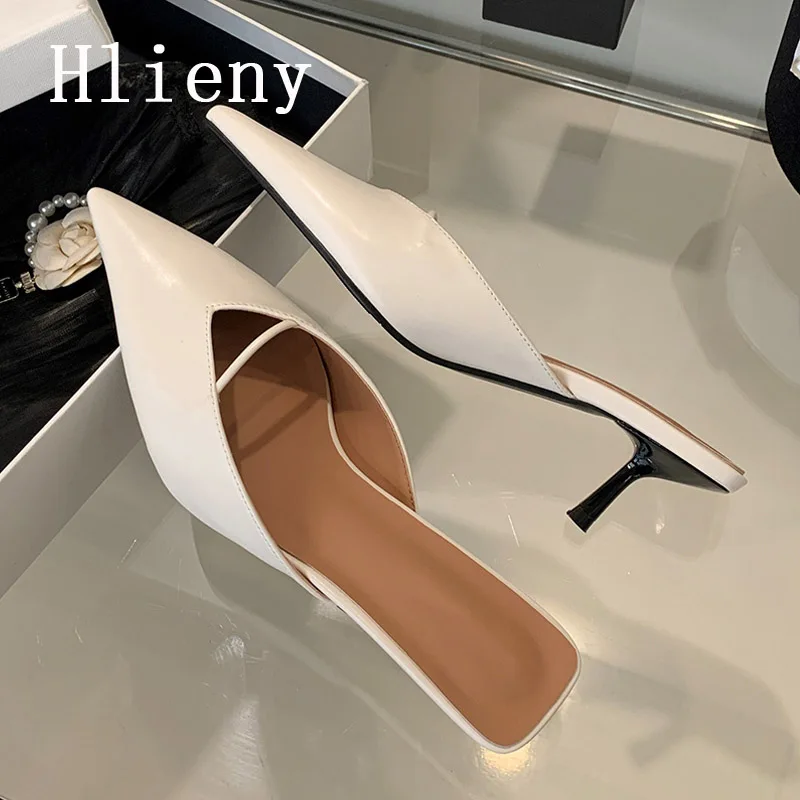 Hlieny Cozy White Leather Pointed Toe Designer Low Thin Heels Mules Slippers For Woman Shoes Pumps Women Slingback Sandal Slides