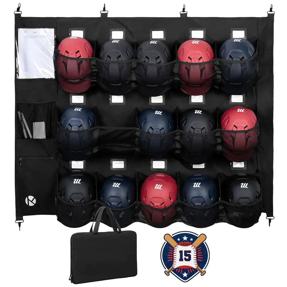 

Pro-Grade Baseball/Softball Dugout Organizer - 15+ Helmet & Glove Storage Bag with 6 Reinforced Steel Hooks, 900D Military-G