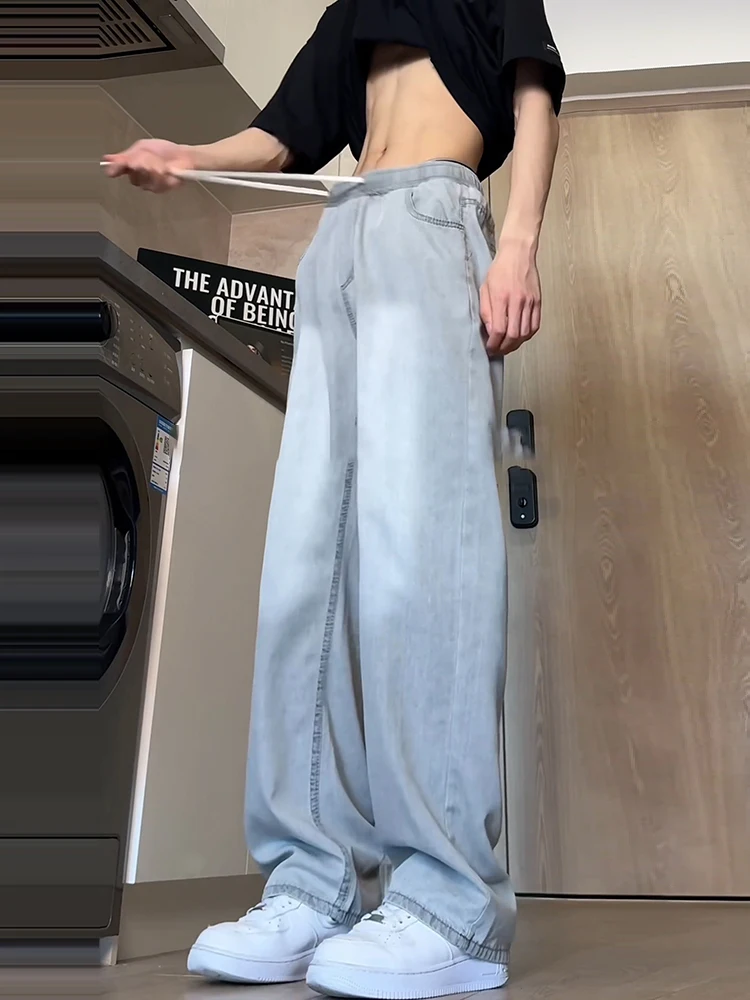 

e ey Ice Silk Jeans Men's Thin Summer Teenagers Loose Straight Wide Leg Dstring Trousers Cool Feeling Cotton Polyester