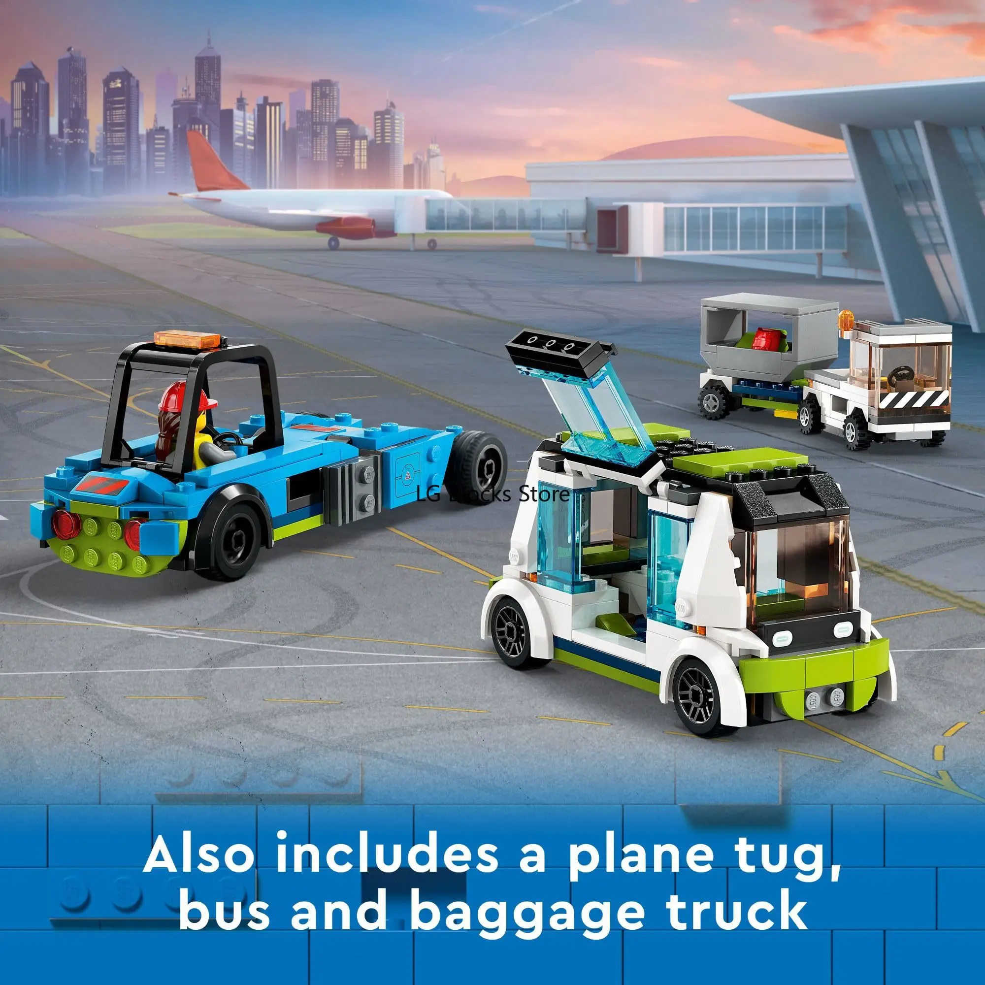 Lepin-60367 city passageiro edifício brinquedo conjunto, com um grande avião, ônibus, bagagem, caminhão, carregador de contêineres, 9 minifigures
