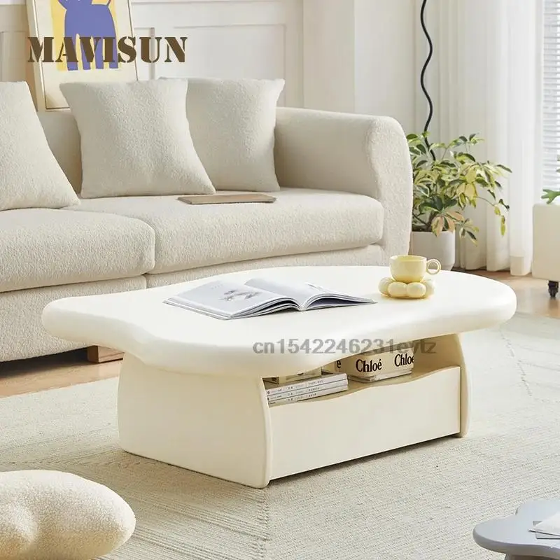 

Creamy Style White Coffee Table Cloud Tea Table With Large Storage Drawer Living Room Furniture Solid Wood Cute Coffee Table