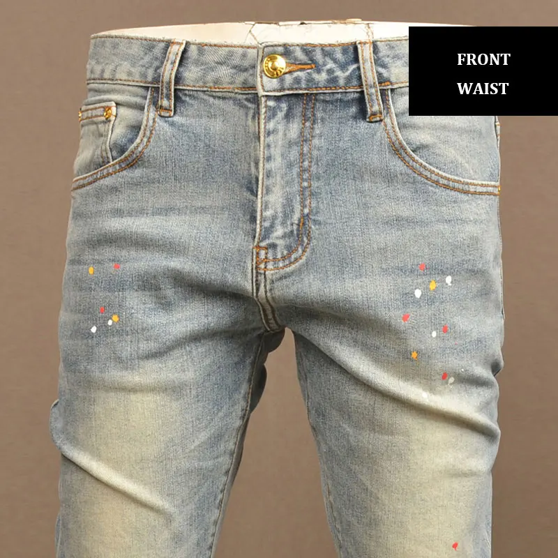 Moda uliczna Mężczyźni Jeans Retro Washed Stretch Skinny Fit Vintage Ripped Jeans Men Painted Designer Hip Hop Denim Pencil Pants