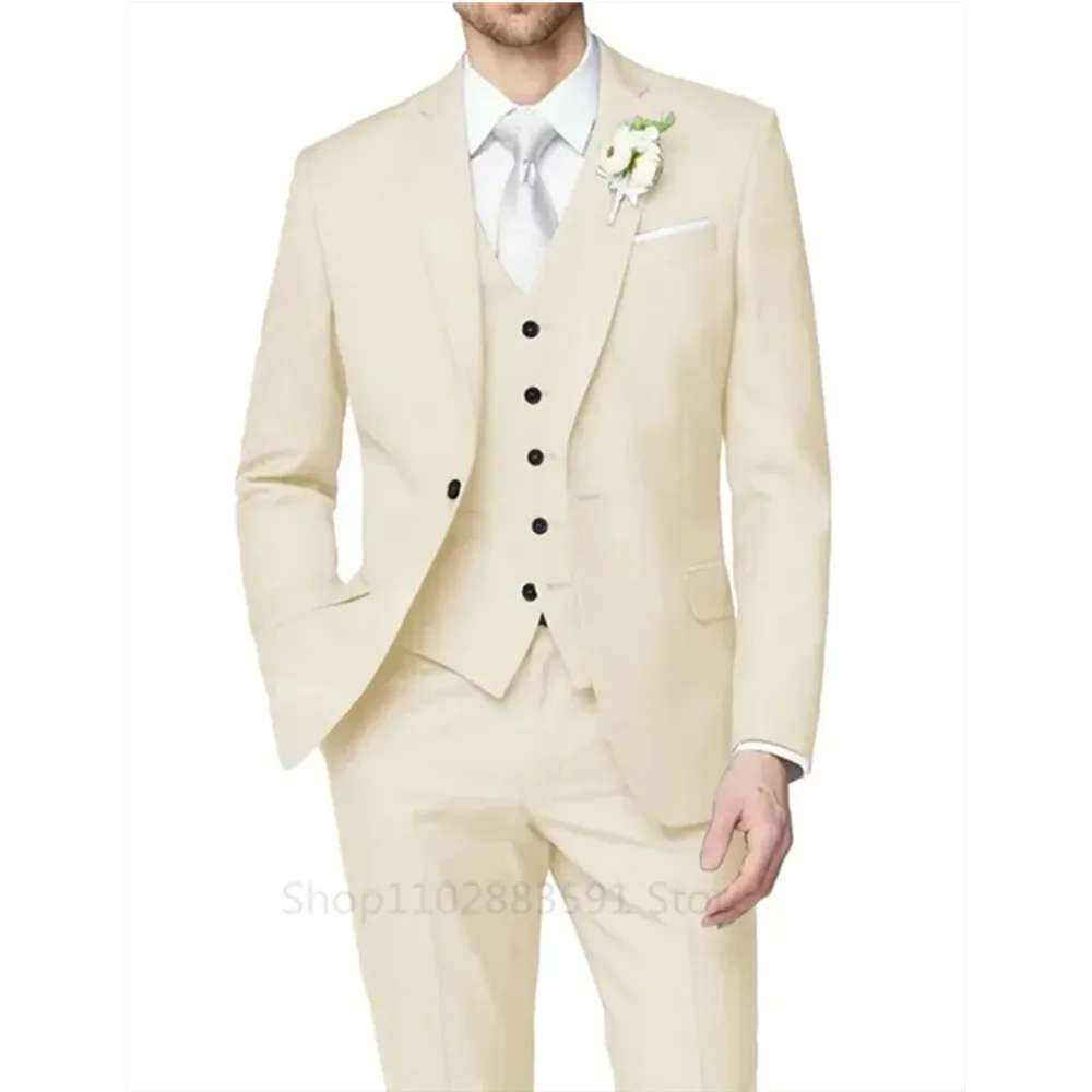 Formal Solid Color Business Men's Suit Slim Party Fashion Wedding Suit (Jacket + Vest + Pants)